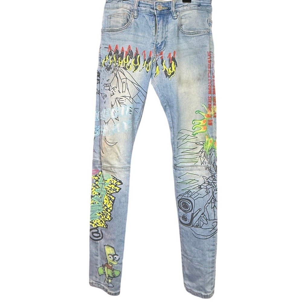 Lifted Anchors Mens Light Wash Graphic Graffiti Print Slim Fit Denim Jeans 28